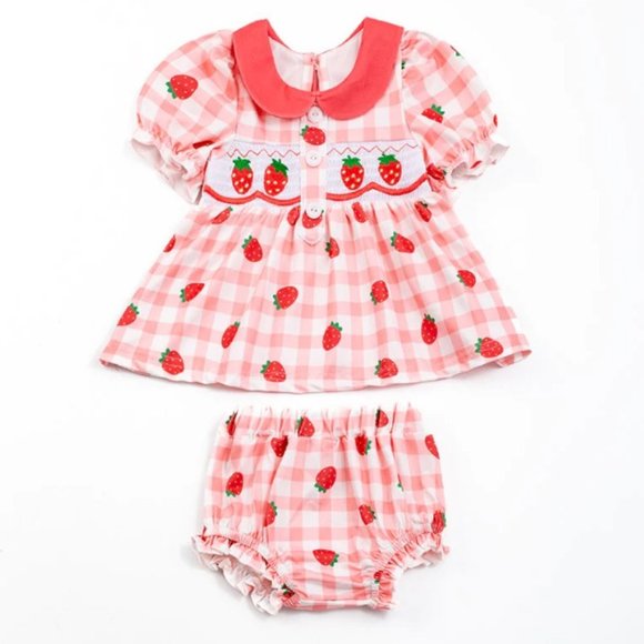 Petit Bebe Girls Pink Floral Bloomers Set with White Smocked Turkeys Top
